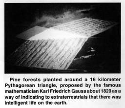 Pine forests planted around a 16 kilometer Pythagorean triangle, proposed by the famous mathematician Karl Friedrich Gauss about 1820 as a way of indicating to extraterrestrials that there was intelligent life on the earth.