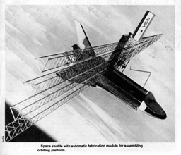 Space shuttle with automatic fabrication module for assembling orbiting platform