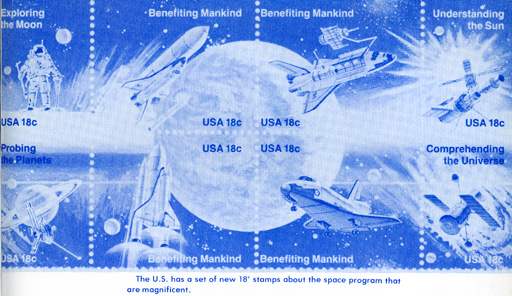Inside back cover photo; new stamps about the space program