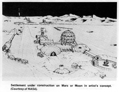 Settlement under construction on Mars or Moon in artist's concept.