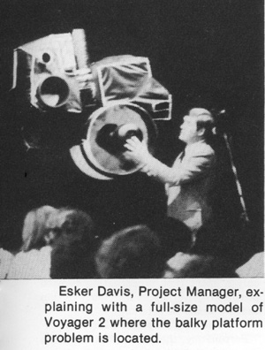 Esker Davis, Project Manager, explaining with a full-size model of Voyager 2 where the balky platform is located.